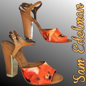 Sam Edelman "Odetta" leather & satin abstract floral sandal heels